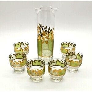 Rare HTF Culver CUV49 22kt Old Fashion Decanter & Glass Set Green & Gold Leaf